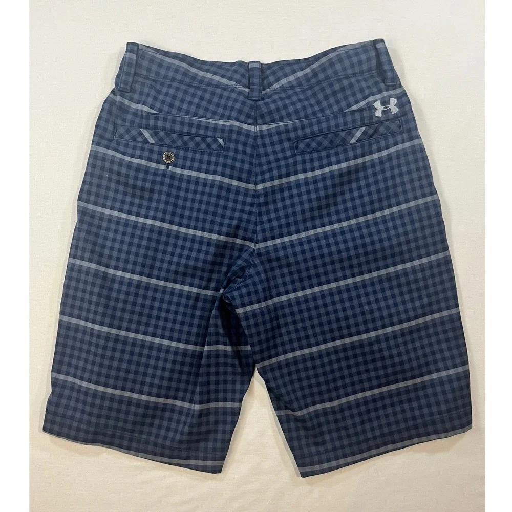 Under Armour Mens Blue Plaid Golf Shorts Size 30 Flat Front Performance Active